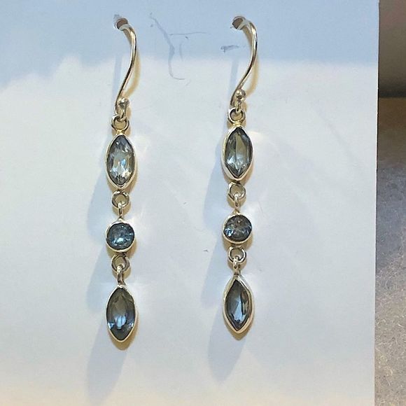 SAMUEL B Faceted Blue Topaz Sterling Silver Triple Drop Earrings - Picture 2 of 12